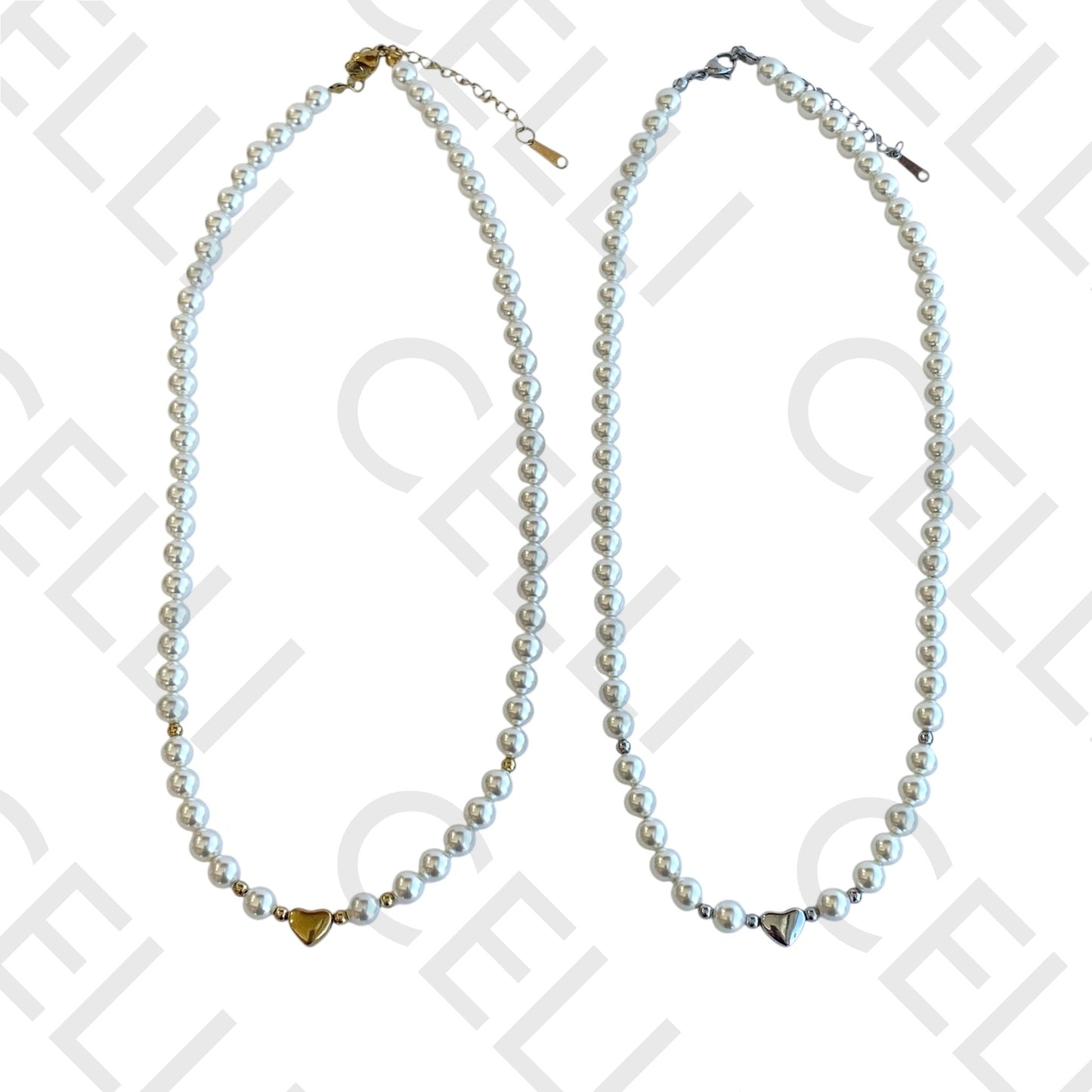 钢制项链 - 珍珠和心形中段