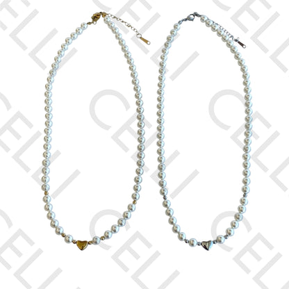 钢制项链 - 珍珠和心形中段