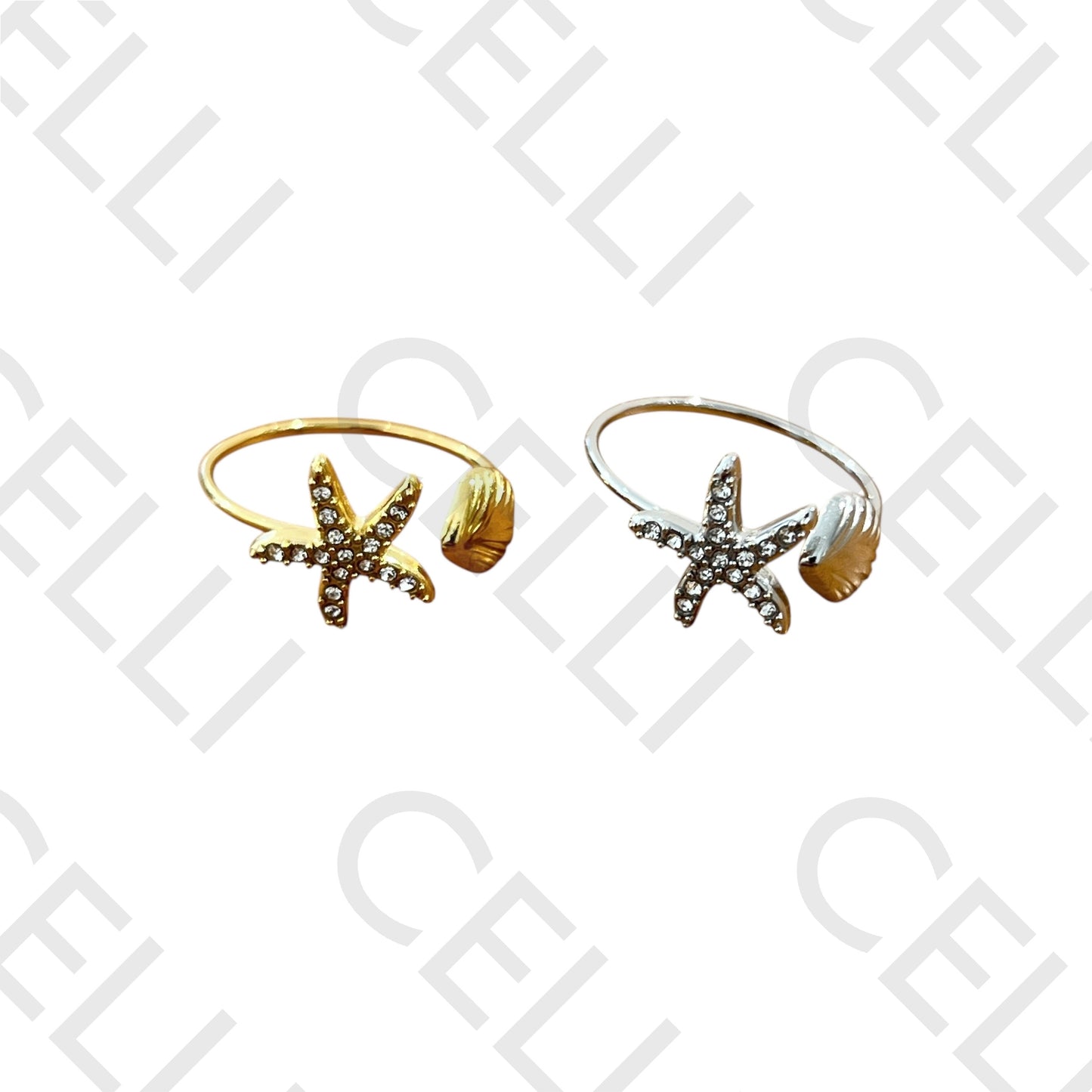 Steel Ring - starfish with diamonds and shell