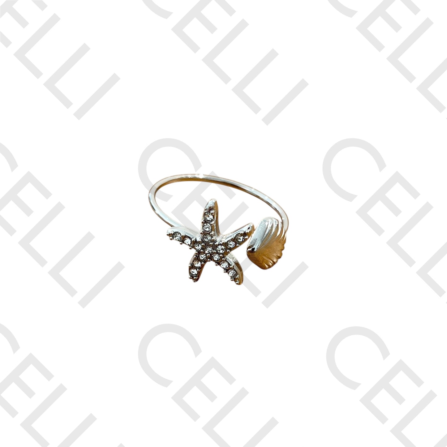 Steel Ring - starfish with diamonds and shell