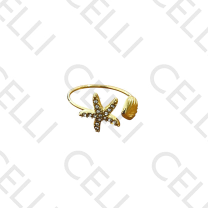 Steel Ring - starfish with diamonds and shell