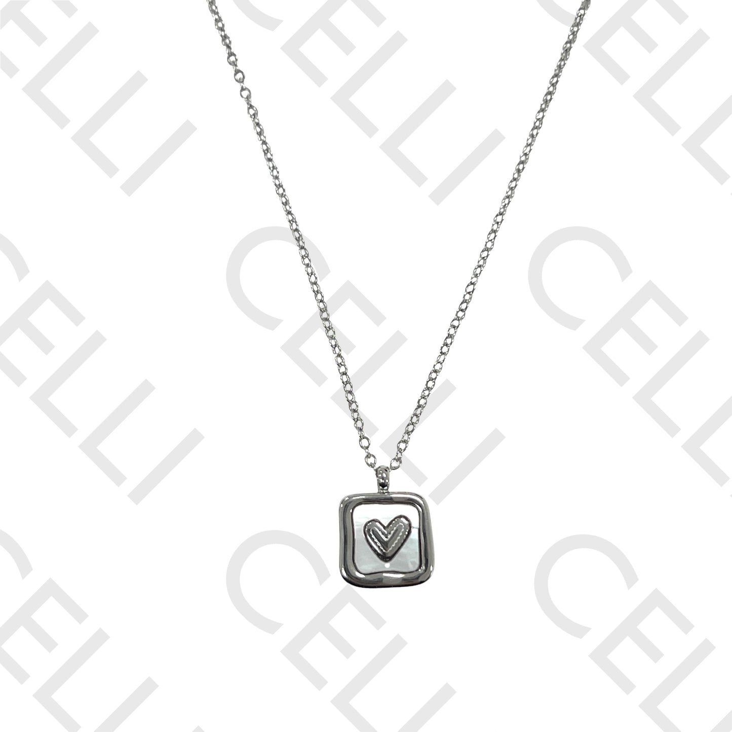 Steel Necklace - Square Mother-of-Pearl with Heart