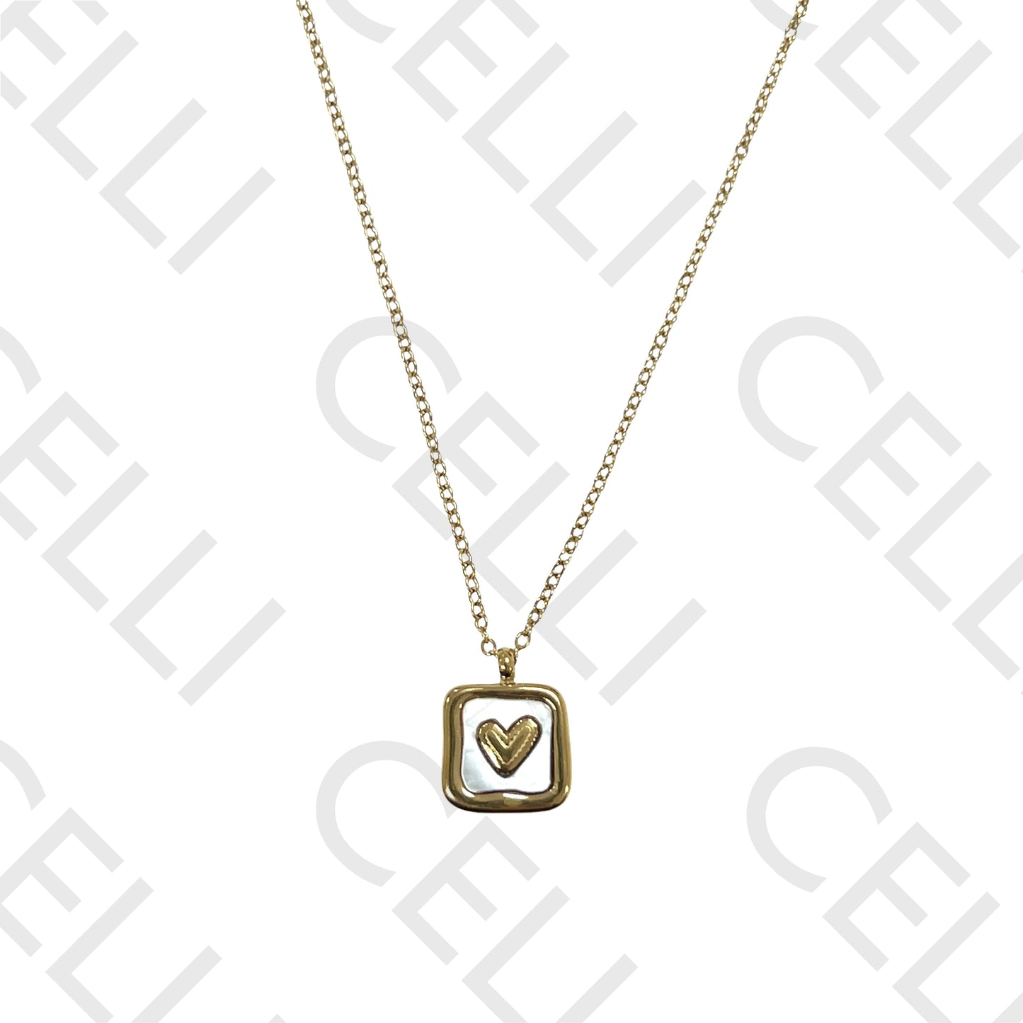 Steel Necklace - Square Mother-of-Pearl with Heart