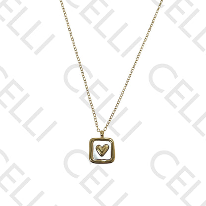 Steel Necklace - Square Mother-of-Pearl with Heart