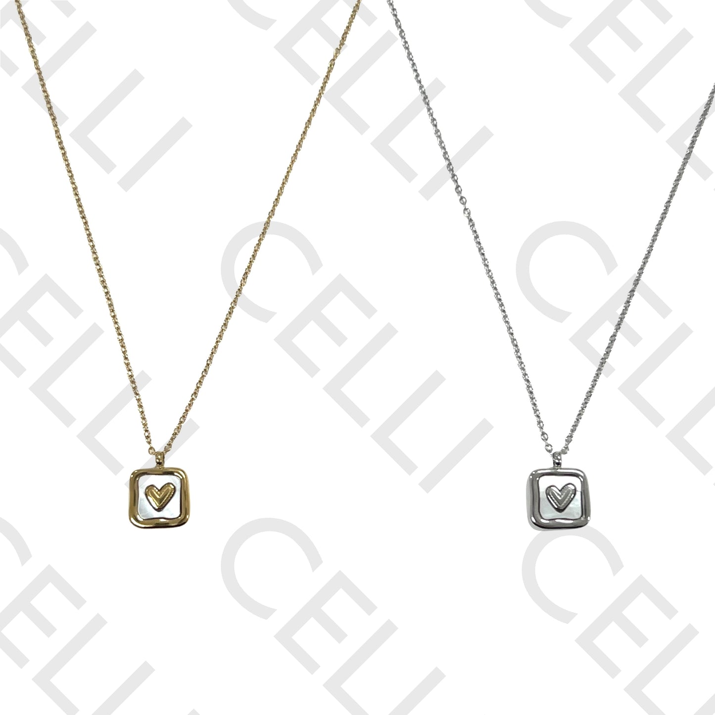 Steel Necklace - Square Mother-of-Pearl with Heart