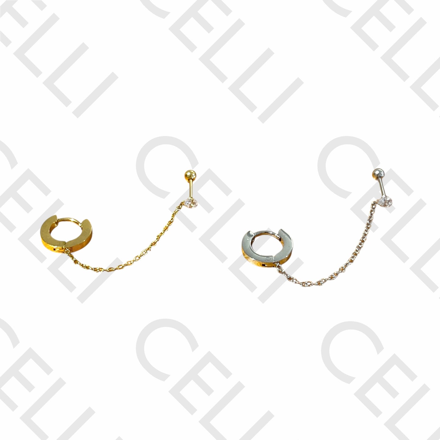 Piercing de Aço - um brilhantes e argola com corrente (1 und.)