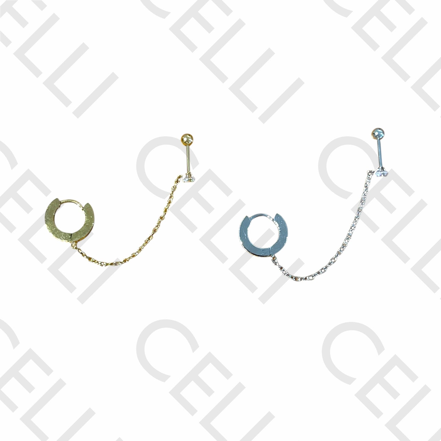 Piercing de Aço - um brilhantes e argola com corrente (1 und.)