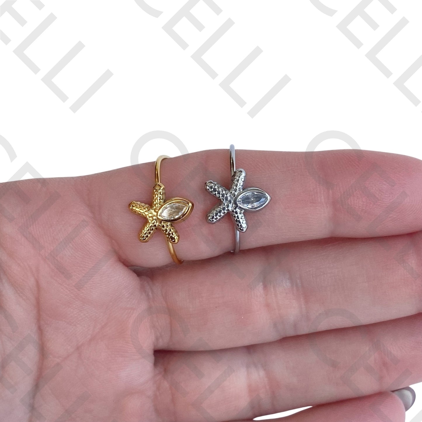 Anel de Aço - estrela do mar com brilhante