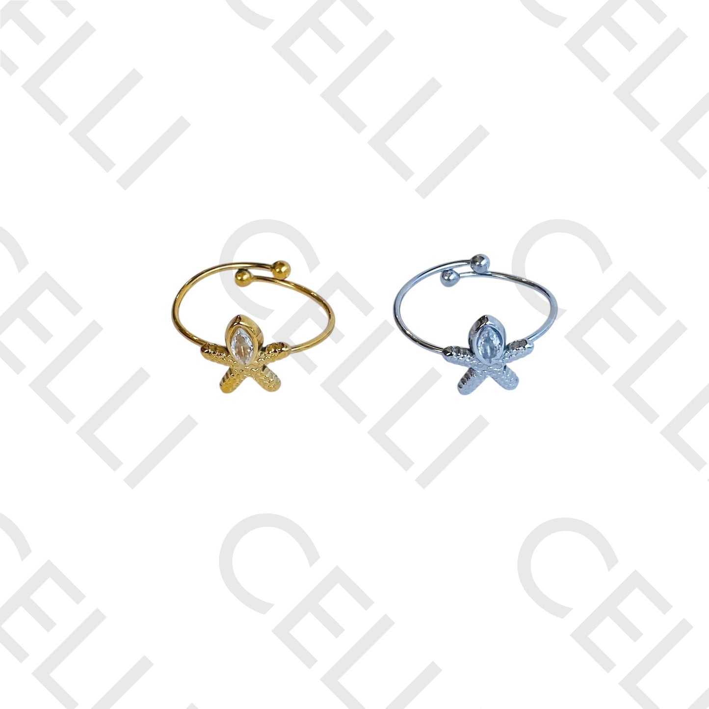 Anel de Aço - estrela do mar com brilhante