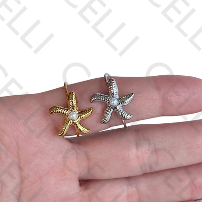 Steel Ring - starfish with pearl