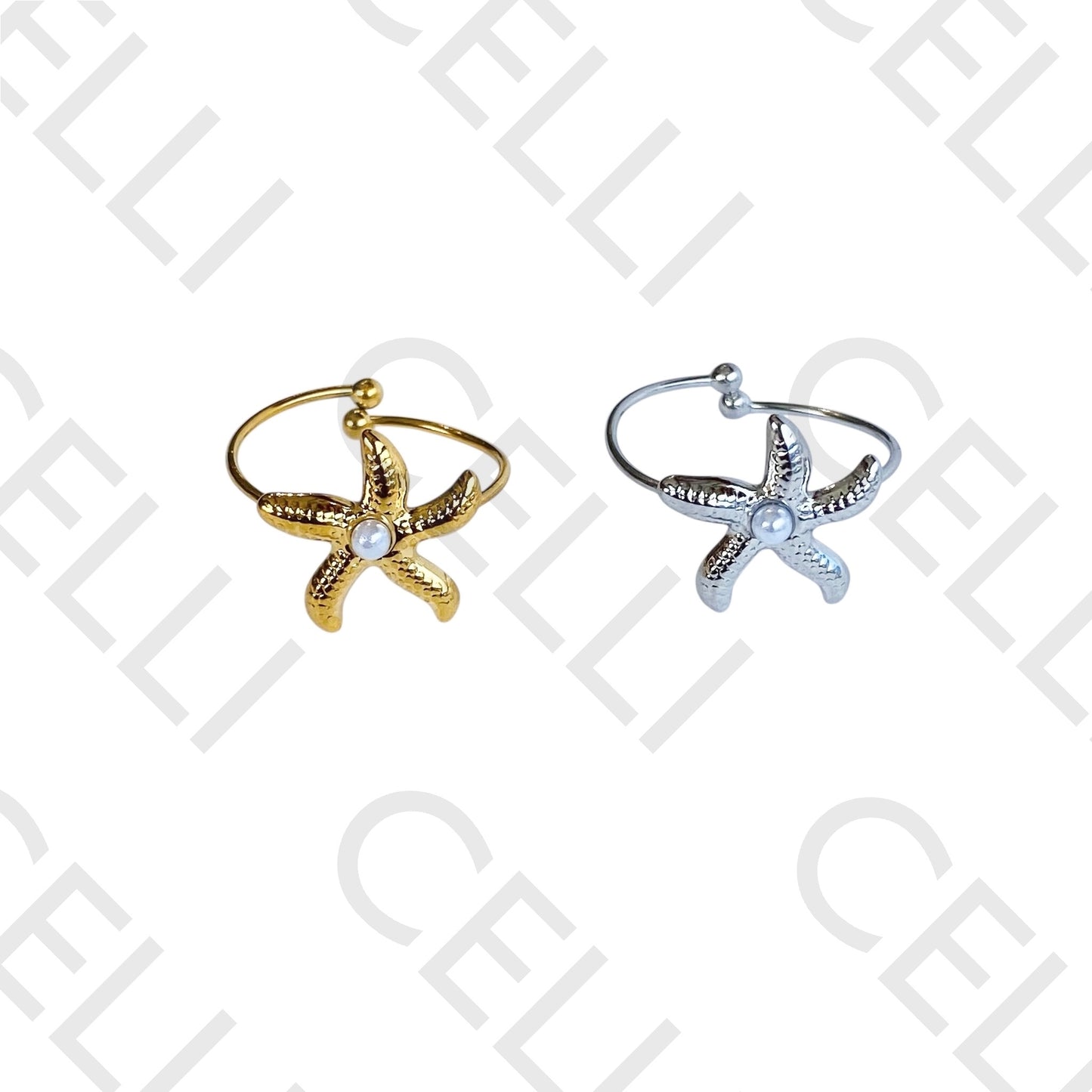 Steel Ring - starfish with pearl