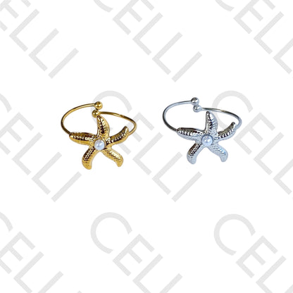 Steel Ring - starfish with pearl