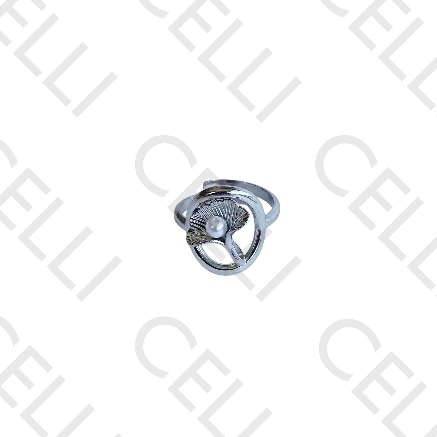 Steel Ring - Ginkgo Leaf with Pearl