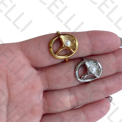 Steel Ring - Ginkgo Leaf with Pearl