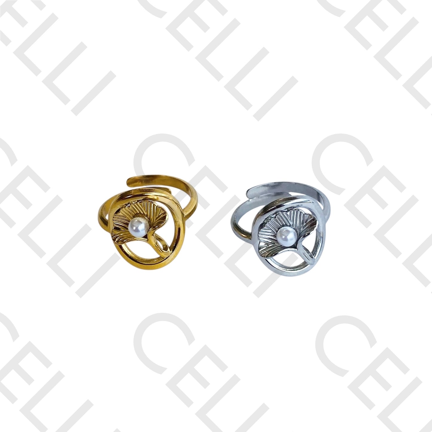 Steel Ring - Ginkgo Leaf with Pearl
