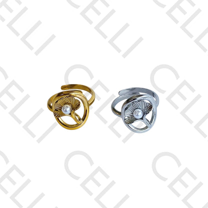 Steel Ring - Ginkgo Leaf with Pearl