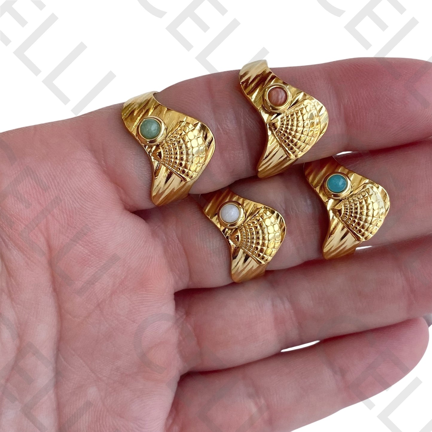 Steel Ring - shell with natural stone