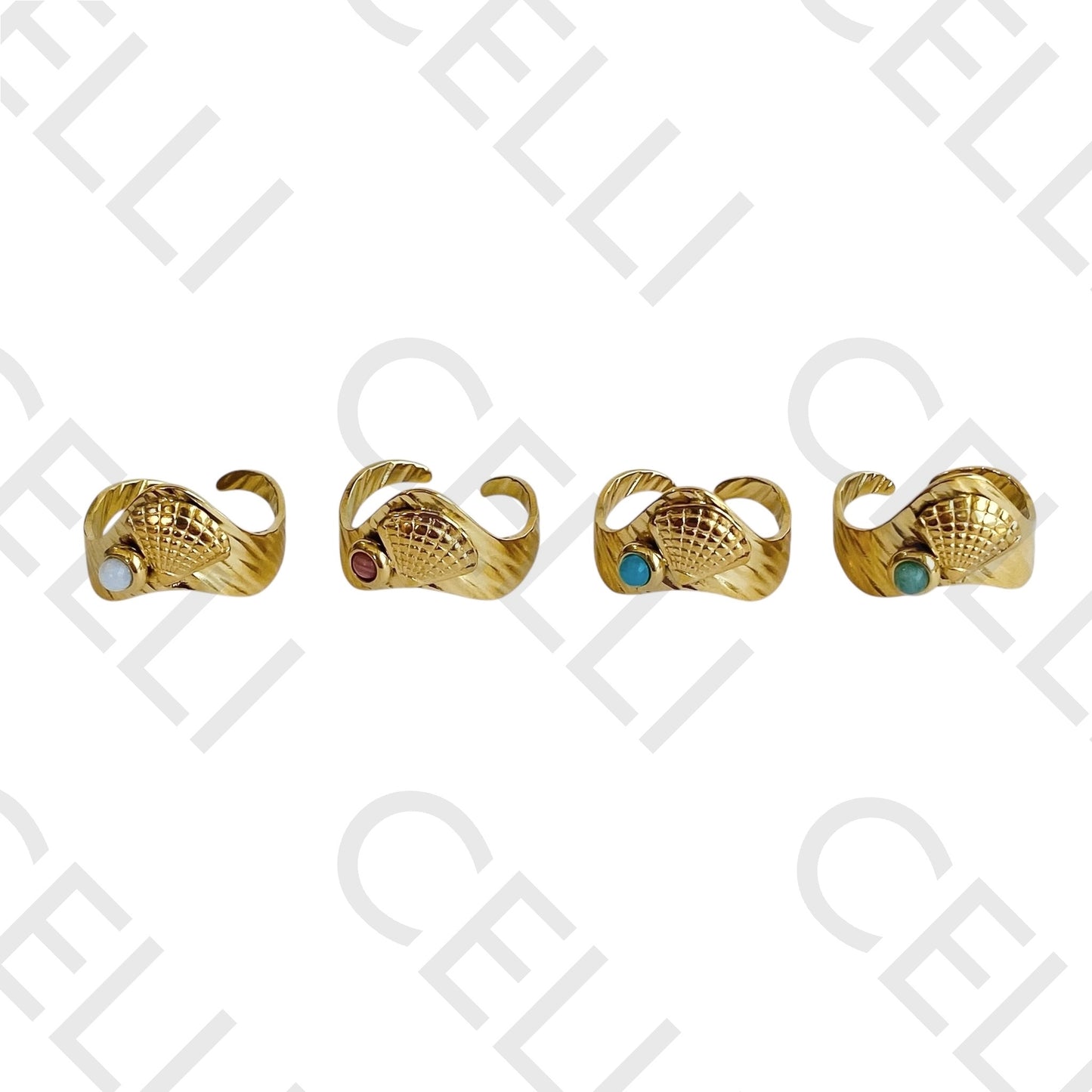 Steel Ring - shell with natural stone