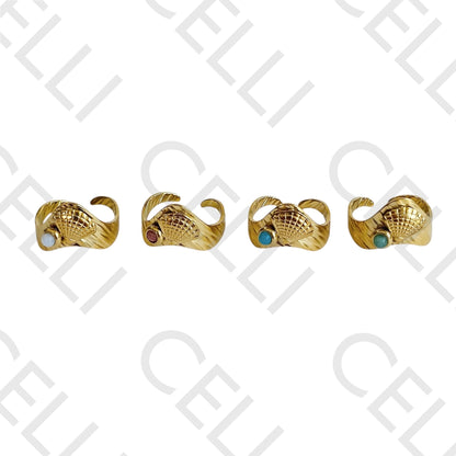 Steel Ring - shell with natural stone