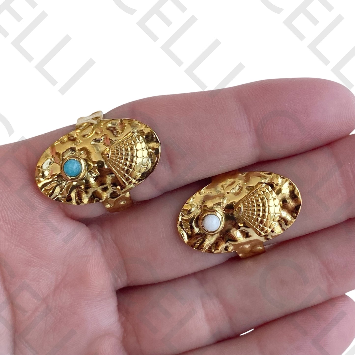 Steel Ring - shell with natural stone