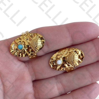 Steel Ring - shell with natural stone