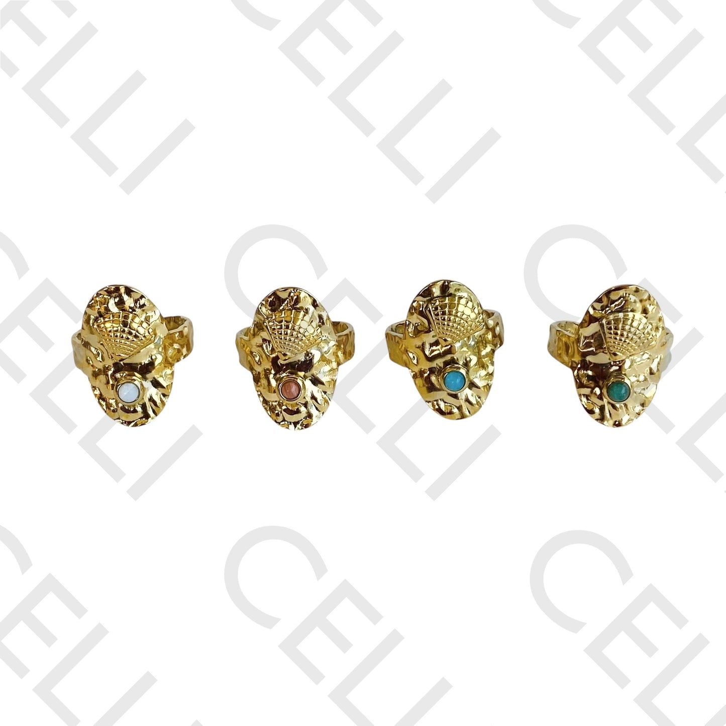 Steel Ring - shell with natural stone