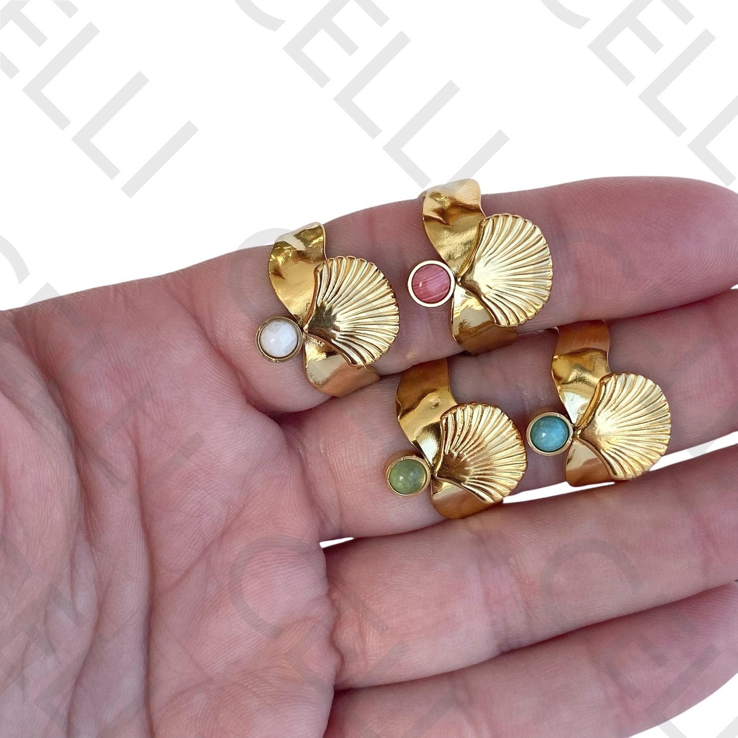 Steel Ring - shell with natural stone