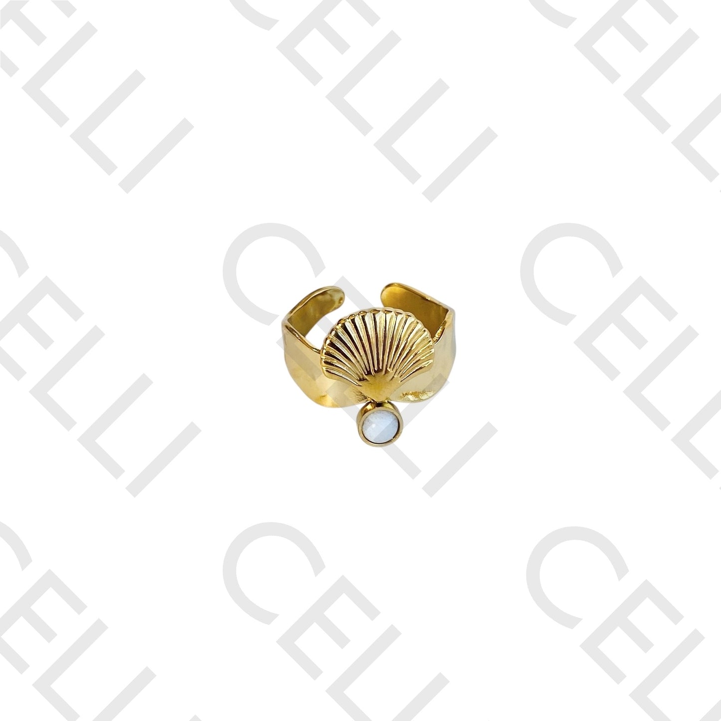 Steel Ring - shell with natural stone