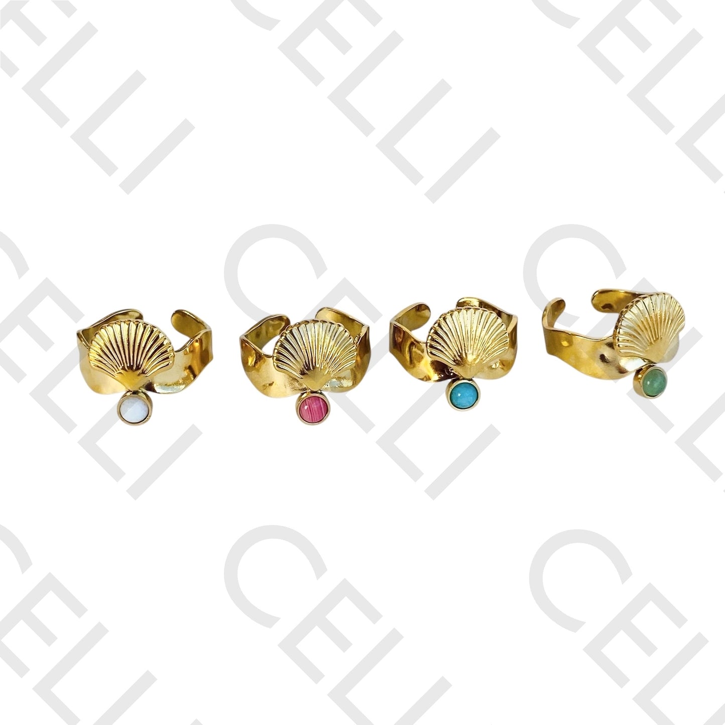 Steel Ring - shell with natural stone