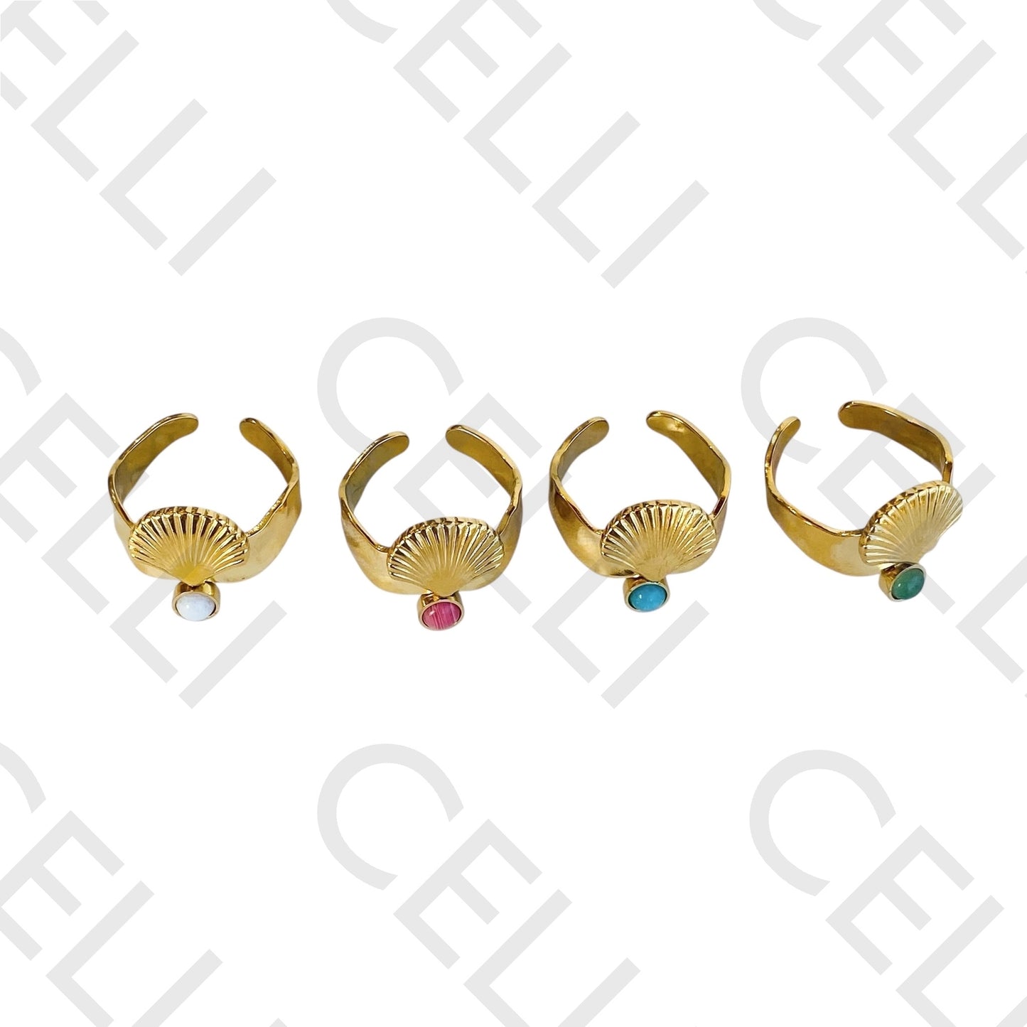 Steel Ring - shell with natural stone