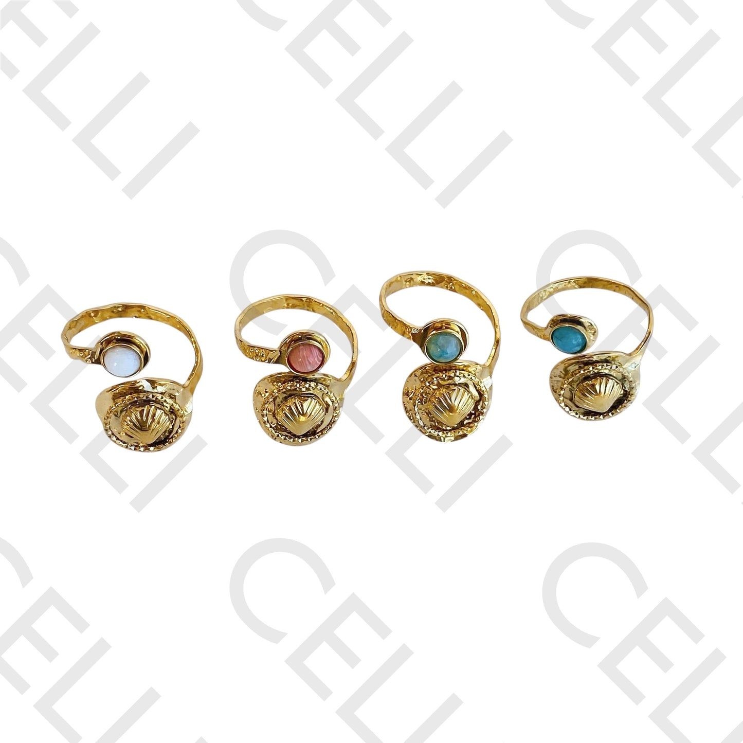 Steel Ring - shell with natural stone