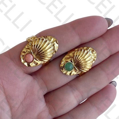 Steel Ring - shell with natural stone