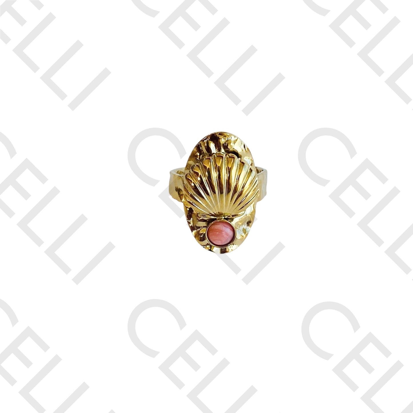 Steel Ring - shell with natural stone