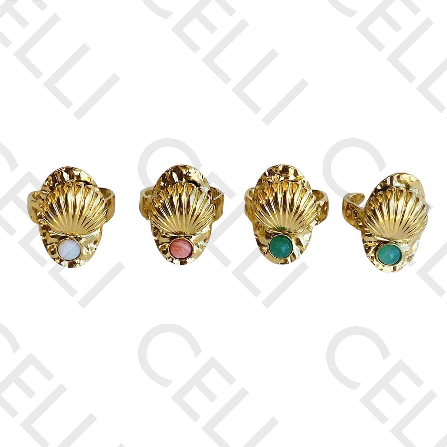 Steel Ring - shell with natural stone