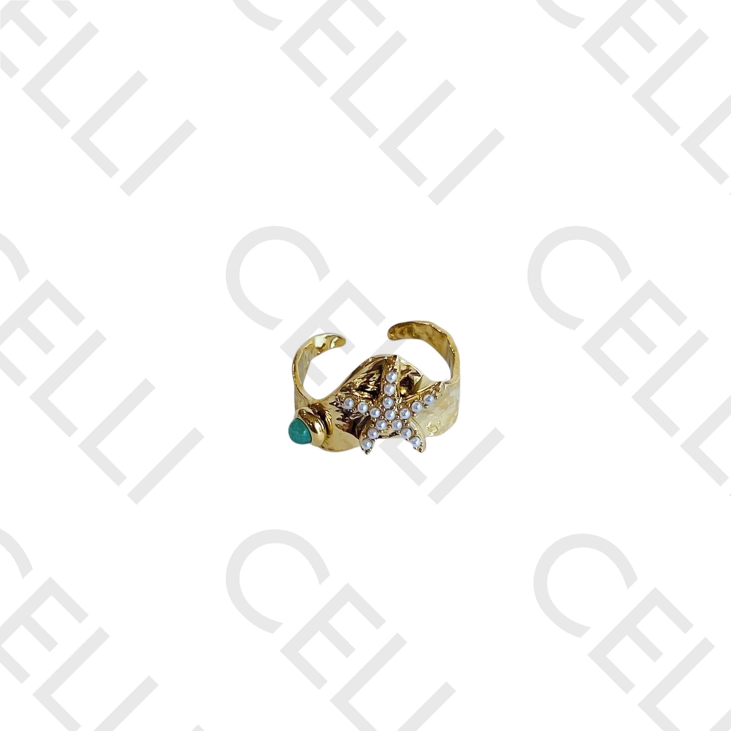 Steel Ring - starfish with pearls and natural stone