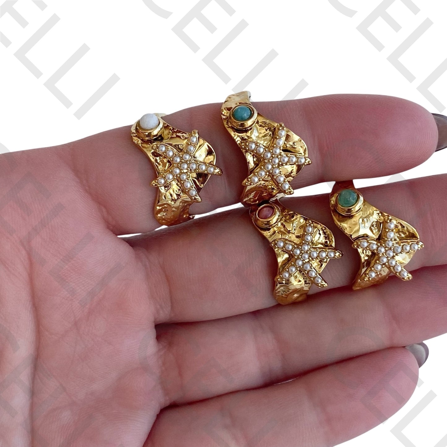 Steel Ring - starfish with pearls and natural stone