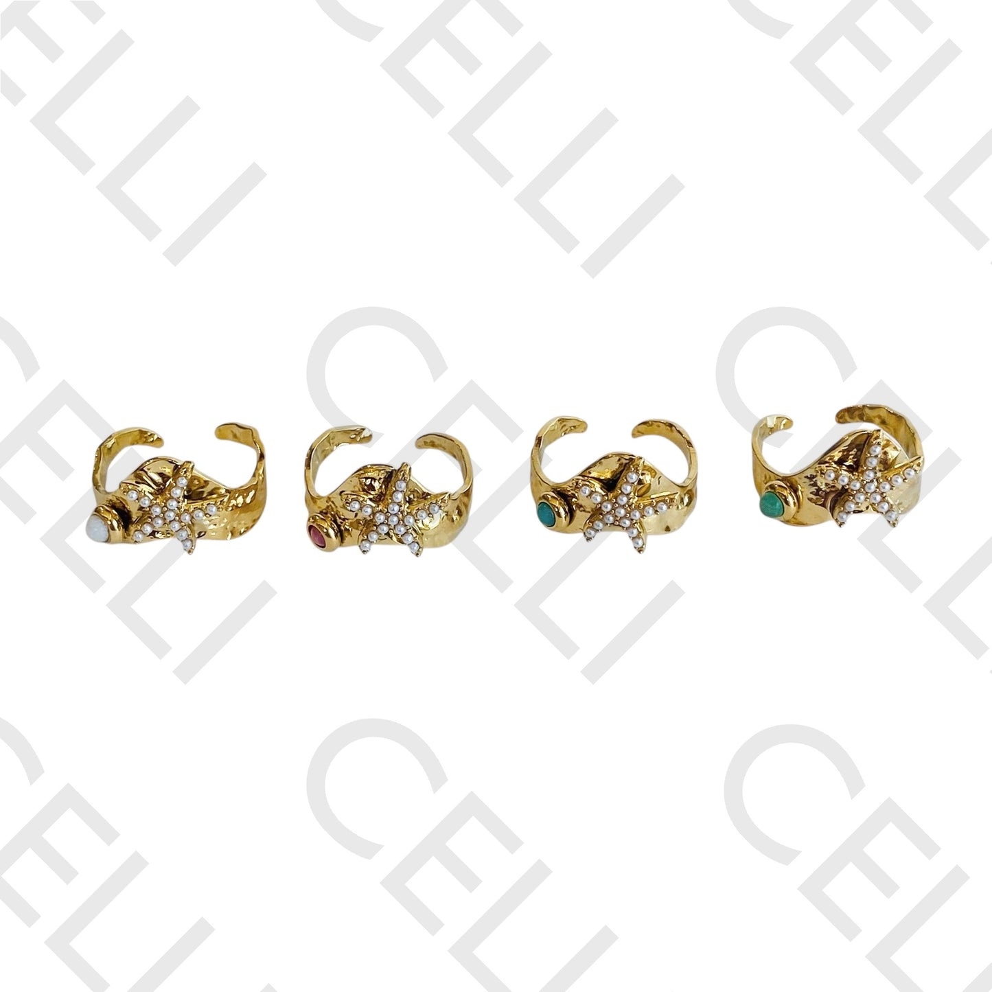 Steel Ring - starfish with pearls and natural stone