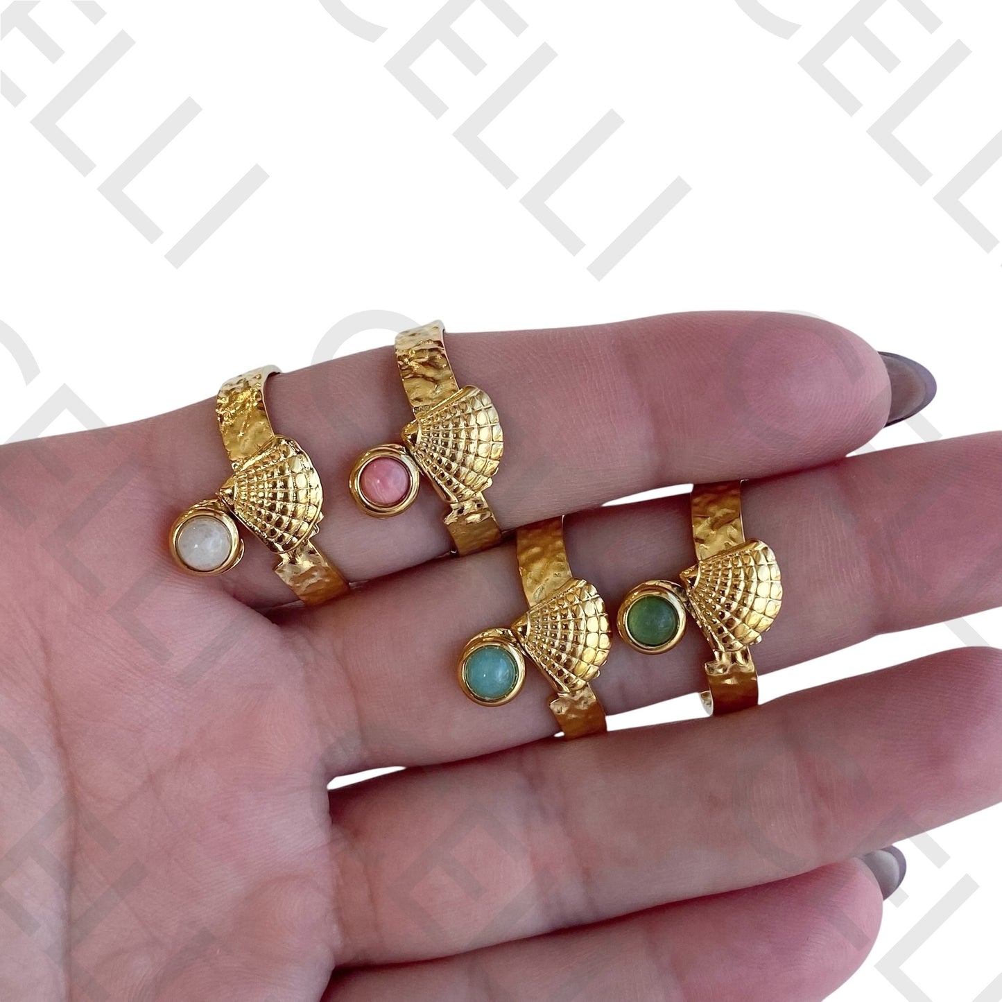 Steel Ring - shell and natural stone