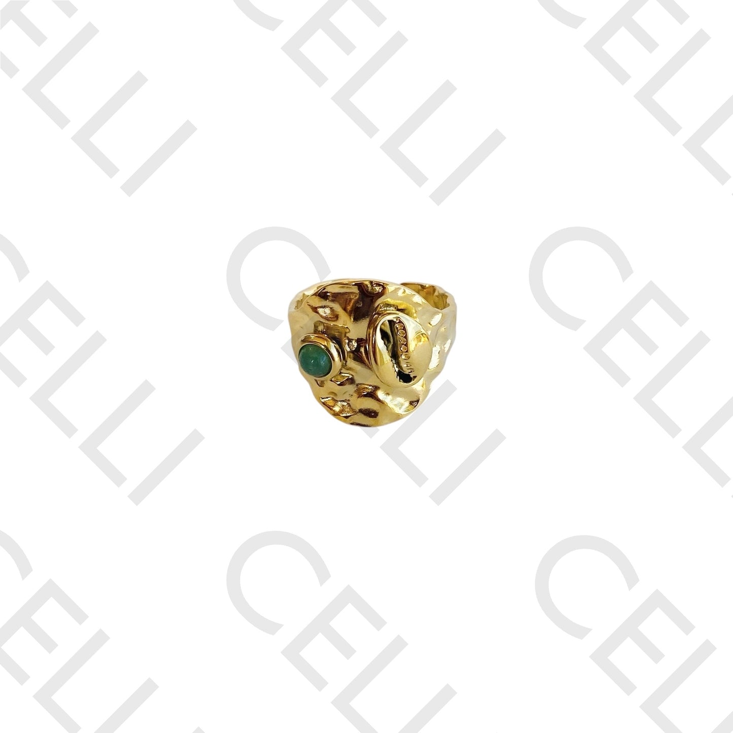 Anillo de acero - Beso de concha cauri y piedra natural