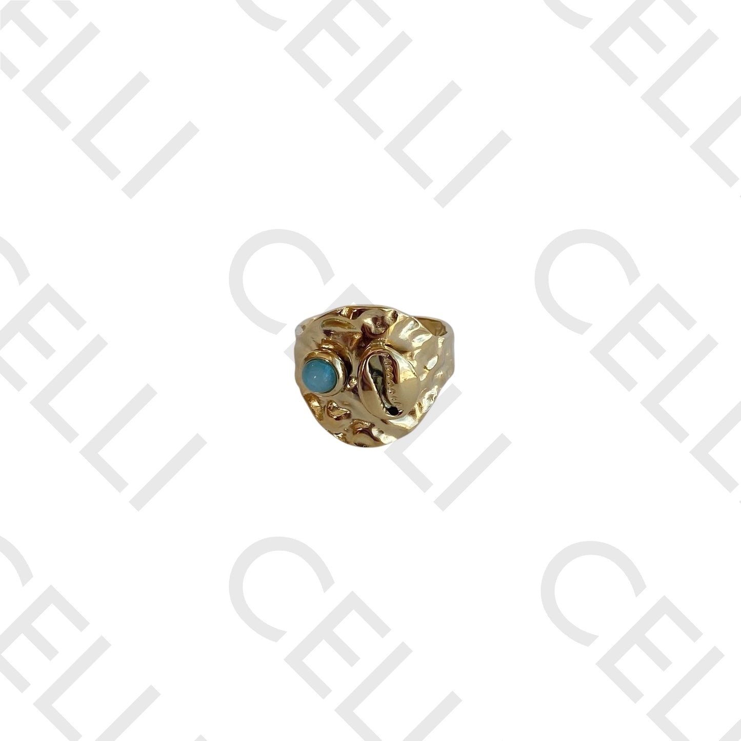 Anillo de acero - Beso de concha cauri y piedra natural