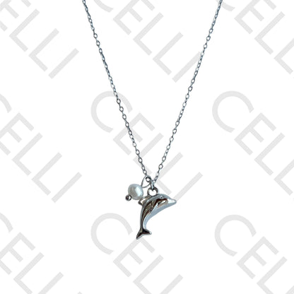 Steel Necklace - Dolphin with Pearl
