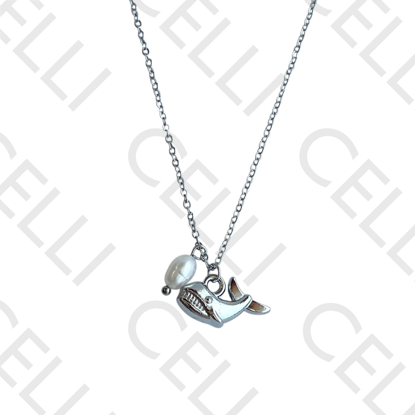Steel necklace - whale with pearl