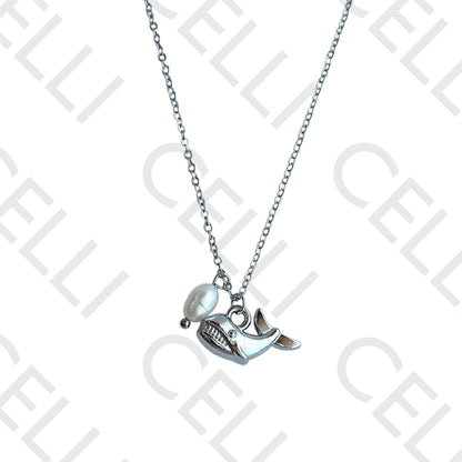 Steel necklace - whale with pearl