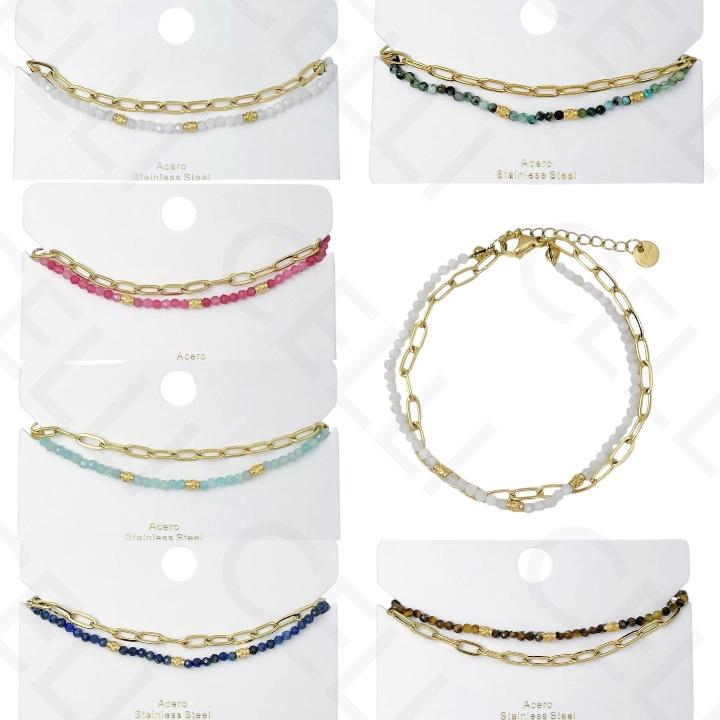 Pulseira de aço - duplo com pedras naturais e corrente