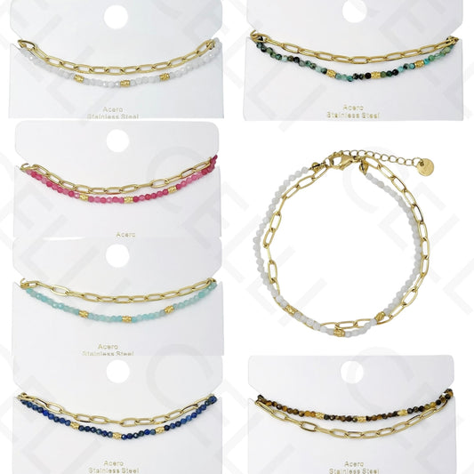 Pulsera de acero - doble con piedras naturales y cadena