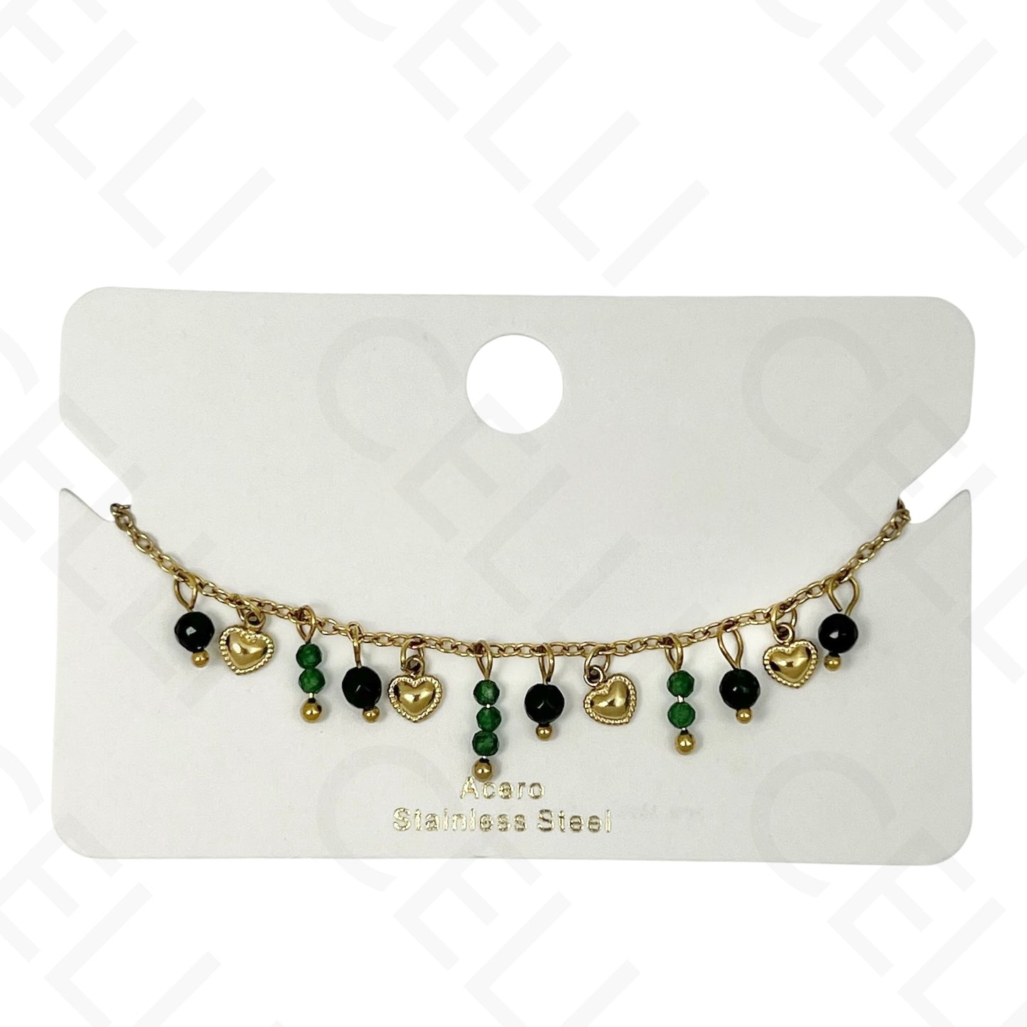 Pulsera de acero - con piedras naturales y mini corazones