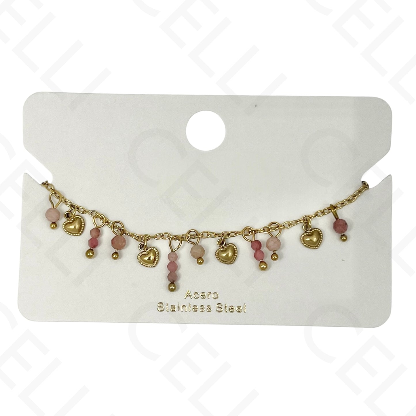 Pulsera de acero - con piedras naturales y mini corazones