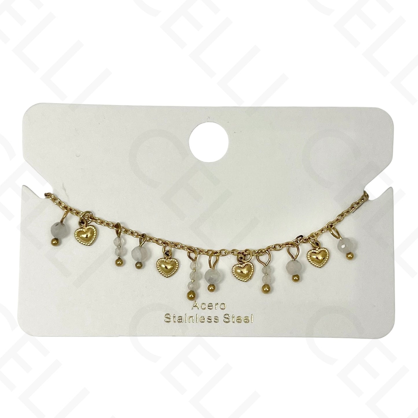 Pulsera de acero - con piedras naturales y mini corazones