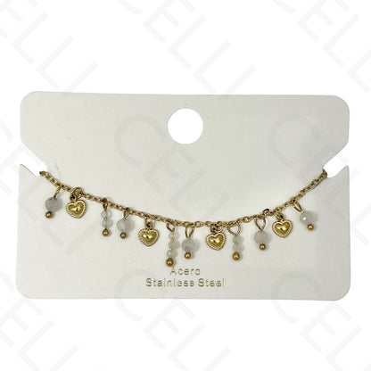 Pulsera de acero - con piedras naturales y mini corazones