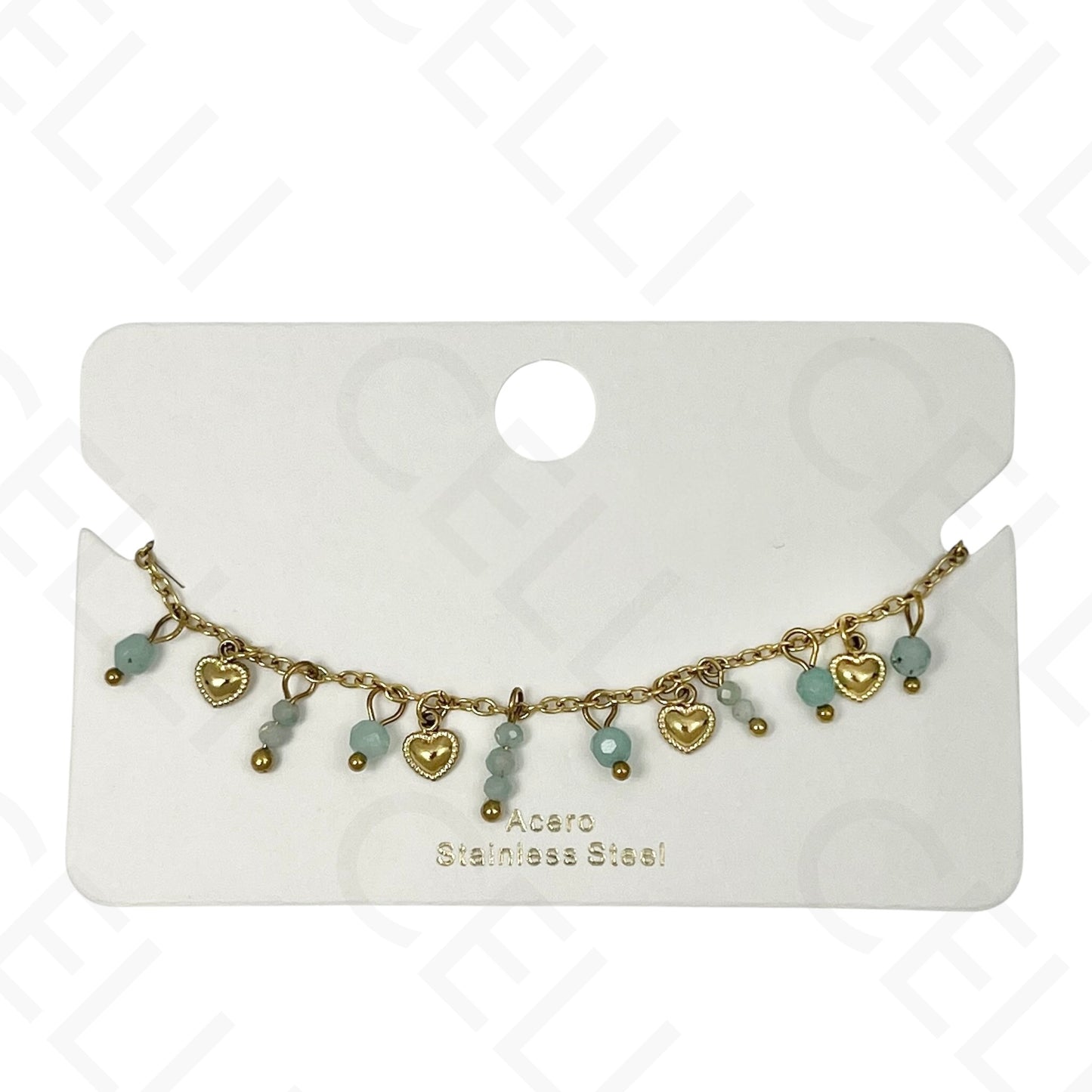 Pulsera de acero - con piedras naturales y mini corazones